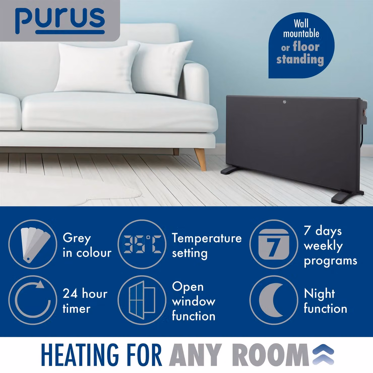 Purus 600W Electric Panel Convector Heater in Grey and White, Wall Mounted or Freestanding with Thermostat, Timer and Open Window Detection – 2