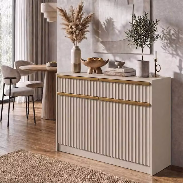 FWStyle Lania Beige and Gold Scalloped 2 Door 2 Drawer Sideboard Storage Unit – 1