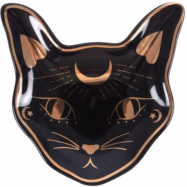 Uniqueful Mystic Mog Cat Face Ceramic Trinket Dish in Black and Gold, Diameter: 15 cm – 1