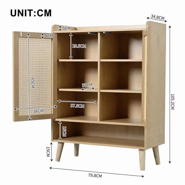 KORVIXA Rattan Shoe Cupboard in Beige Light Oak, 5 Tier Boho Storage Cabinet, W/D/H: 100 x 100 x 100 cm
