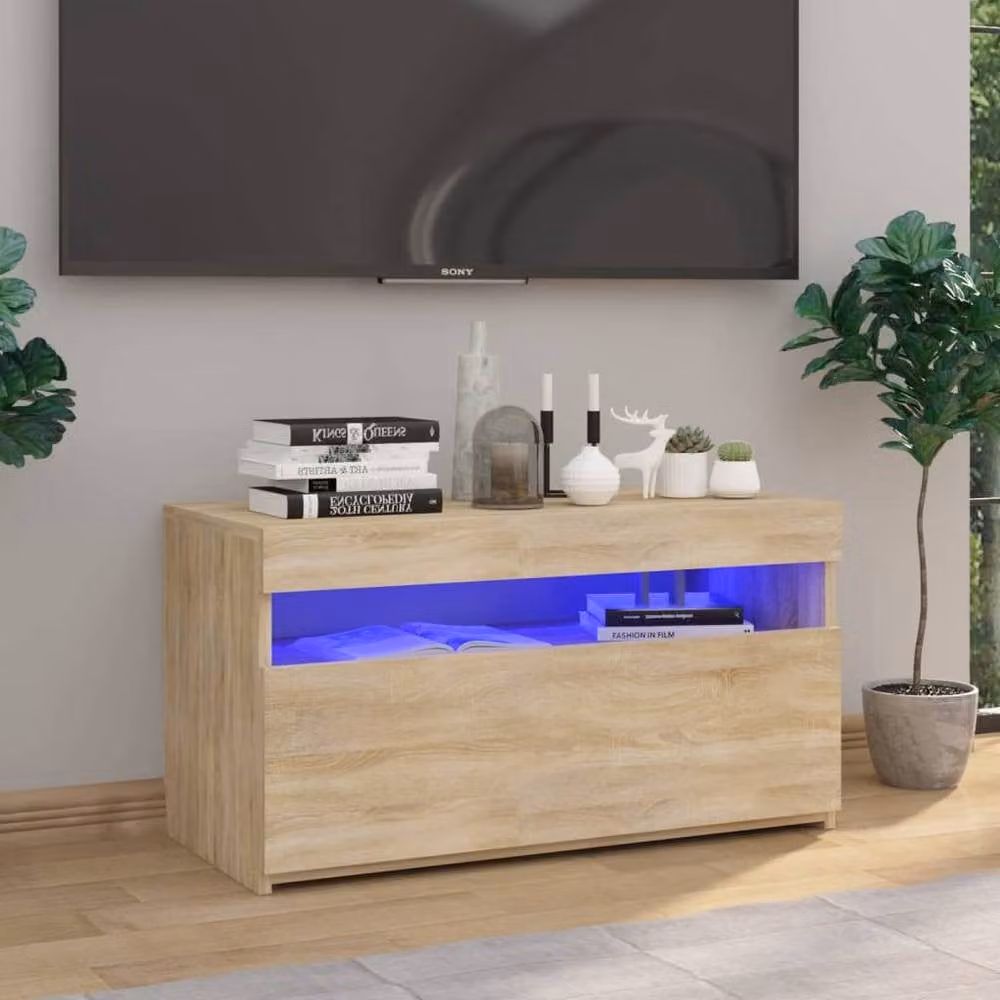 Berkfield Home Modern TV Cabinet with LED Lights in Sonoma Oak, Tan, W/D/H: 75 x 35 x 40 cm – 1