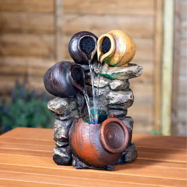 Primrose Triple Trickling Honey Pots Tabletop Water Feature with Lights, Brown