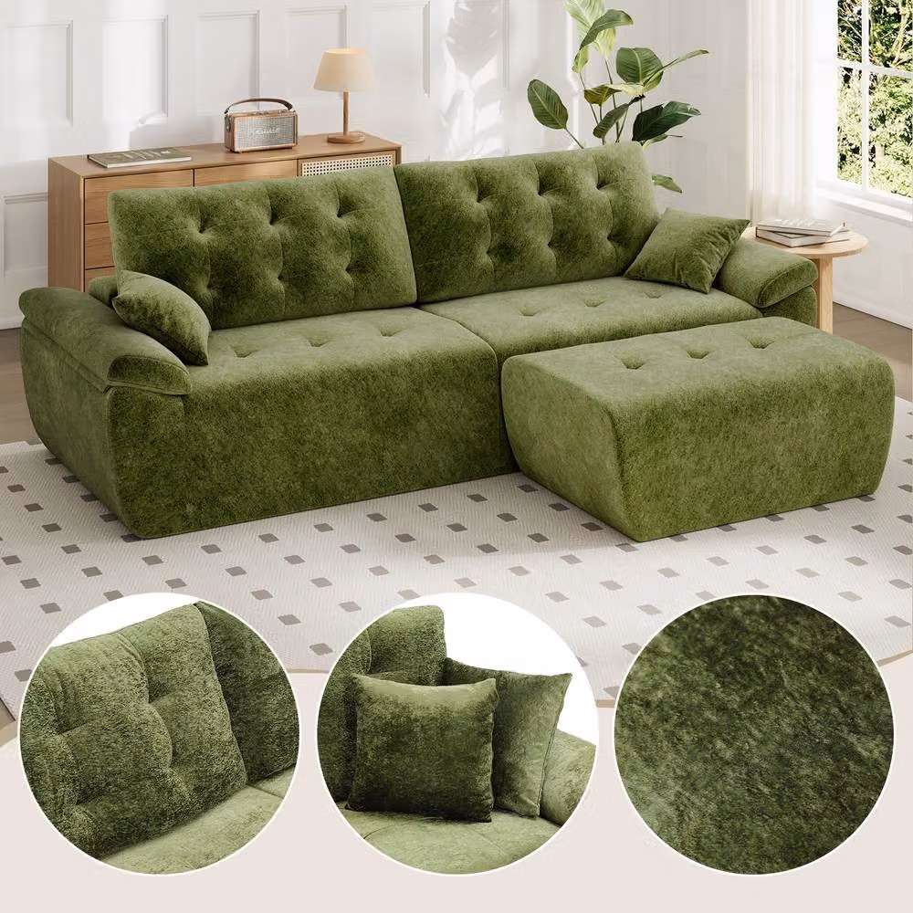 Dprodo Green Chenille 4 Seater L-Shaped Modular Sectional Sofa with Matching Ottoman and Scatter Cushions, Width: 275 cm – 3