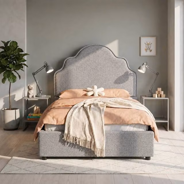 Matteo Kids Scalloped Upholstered Bed Frame with Hydraulic Storage, Grey, W/D/H: 90 x 190 cm – 1