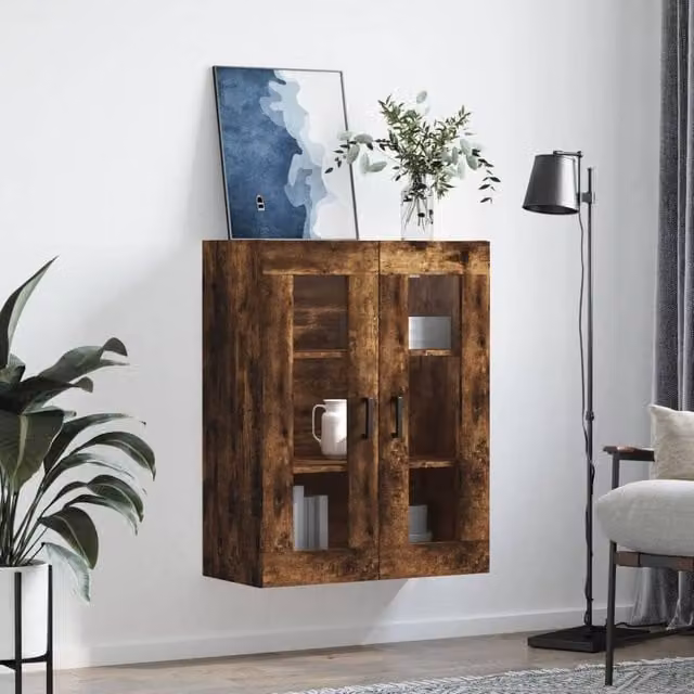 Berkfield Home Wall Mounted Smoked Oak Cabinet with Glass Doors in Brown, W/D/H: 69.5 x 34 x 90 cm – 1