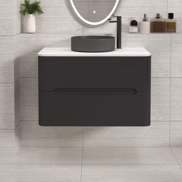 Royal Bathrooms Venice 800mm Matt Nocturne Black Wall Hung 2 Drawer Vanity Unit with Art Round Basin