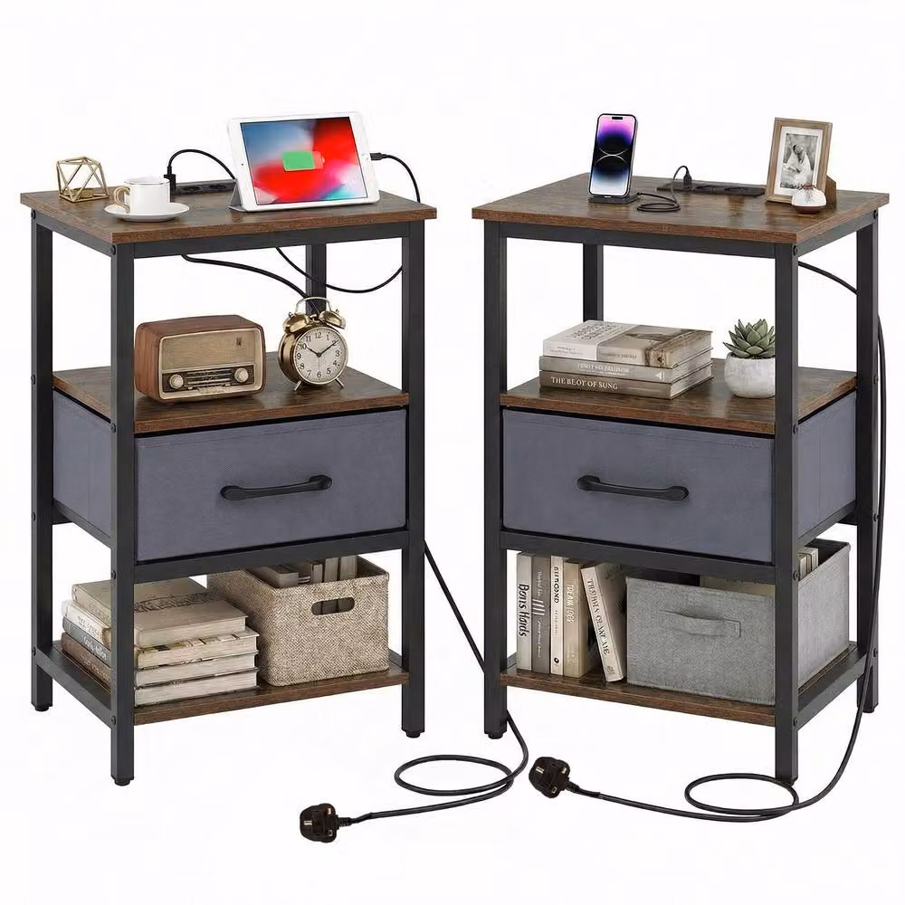 Costway Modern Side Table and Bedside Nightstand with Drawer and Shelves in Brown – 6