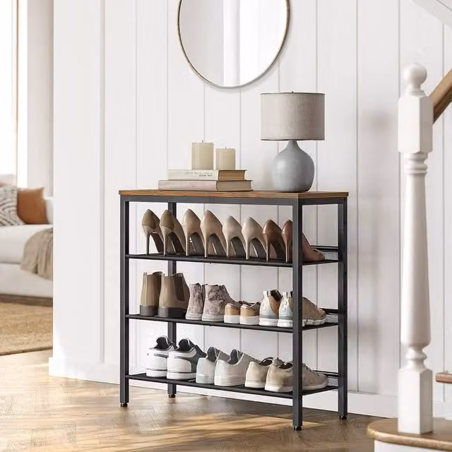 VASAGLE Adjustable Industrial Shoe Rack with Steel Frame and MDF Shelves in Brown – 1