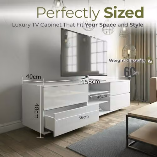 Centurion Supports Avitus High Gloss White TV Stand with 4 Drawers and 3 Shelves for 32-65 inch LED/LCD/Plasma Screens, W/D/H: 158 x 40 x 48 cm – 2