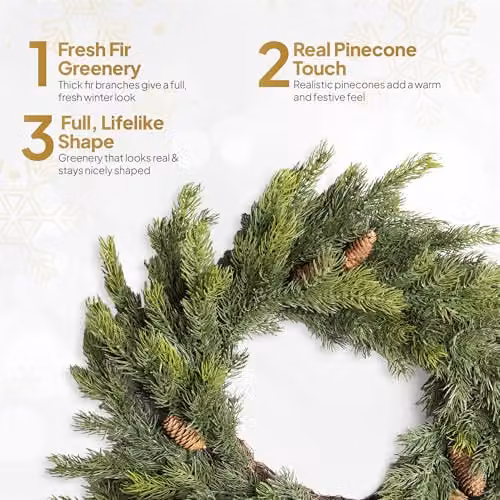 SHATCHI Green Fir Wreath with Pine Cones, 80 cm Diameter, Artificial Real Touch Christmas Wreath – 5