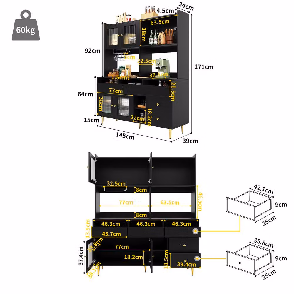 ModernLuxe Matt Black Kitchen Tall Unit with 4 Glass Doors and 5 Drawers, H: 171.0 cm, W: 39.0 cm, D: 39.0 cm – 3