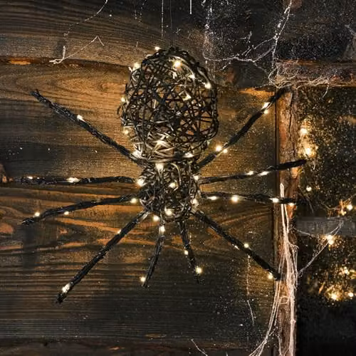 Lights4fun Black Rattan Spider Hanging Decoration with 50 Warm White LEDs and Timer for Indoor and Outdoor Use – 3