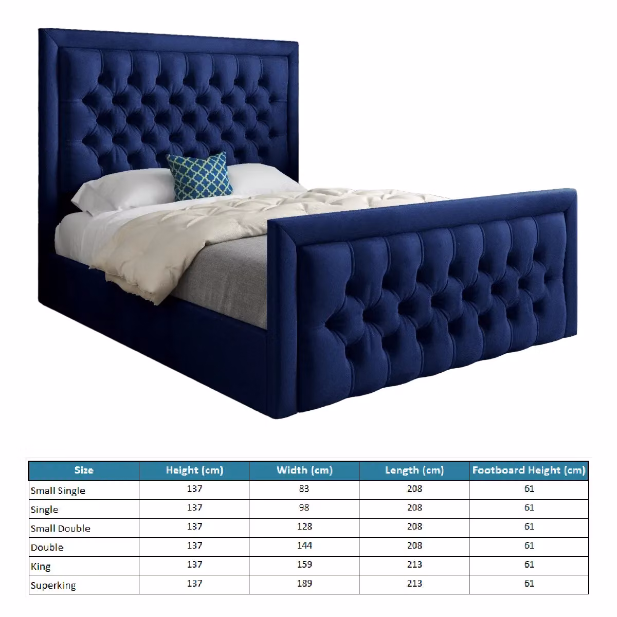 Casani Modern Upholstered Velvet Bed Frame in Blue, W/D/H: 120 x 200 x 137 cm – 5