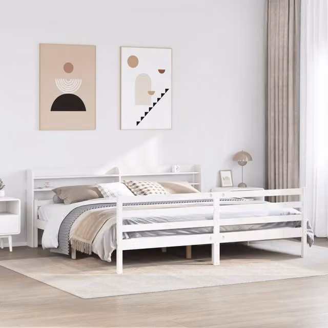 Berkfield Home White Pine Bed Frame with Headboard and Side Compartments, W/D/H: 200 x 200 cm