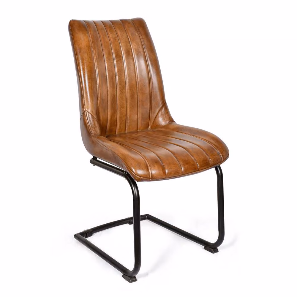 Elm Home And Garden Tan Brown Genuine Leather Kitchen Dining Chair with Cantilever Metal Base – 2