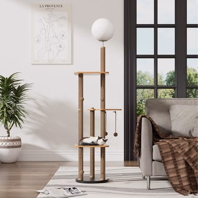 Lifeideas Modern Brown Wood and Sisal Floor Lamp with Cat Tower