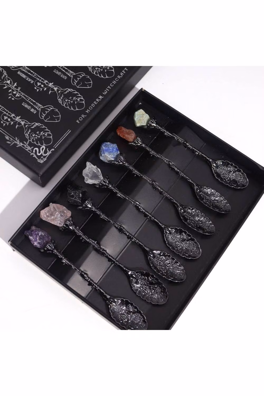 KDMD Set of 7 Dark Silver and Black Gemstone Crystal Witch Spoons for Rituals and Decor – 3