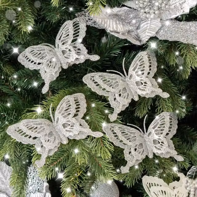 Melody Maison Set of 4 Gold and Silver Glitter Butterfly Christmas Decoration Clips – 1