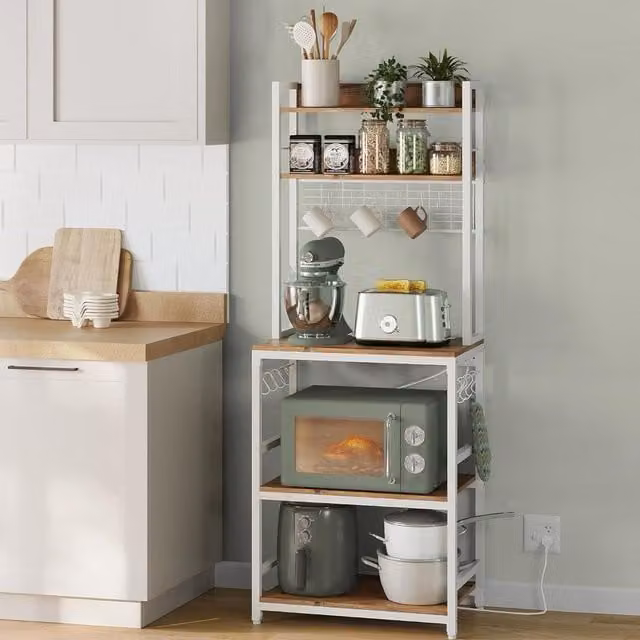 VASAGLE Compact Freestanding Kitchen Rack with Power Outlet and Adjustable Shelves in Brown