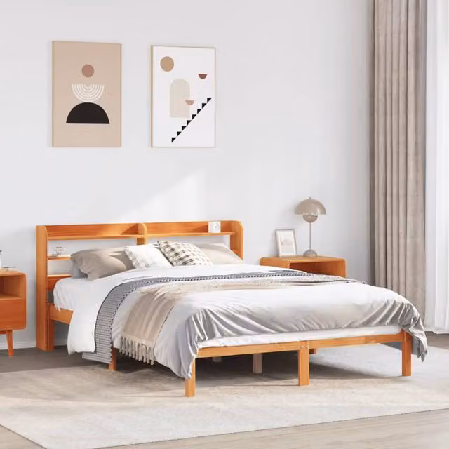 Berkfield Home King Size Bed Frame with Headboard and Side Compartments in Wax Brown Solid Pine Wood, W/D/H: 150 x 200 cm – 1