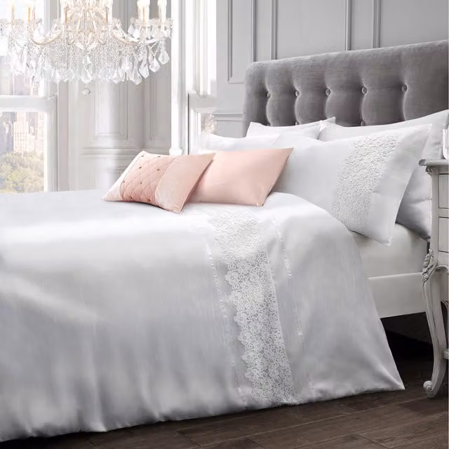 Intimates Nouvelle Luxury Faux Silk Lace Duvet Cover and Pillowcase Set, White, Single, 90 x 200 cm