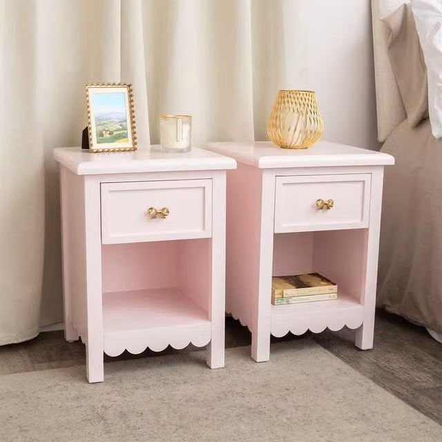 Melody Maison Staunton Pink Range Pair of One Drawer Scalloped Bedside Tables in Baby Pink and Gold – 1