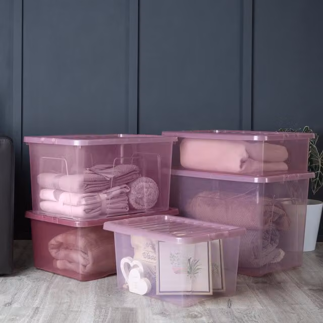 Wham Crystal Multisize Stackable Box and Lid Set in Pink Transparent Plastic