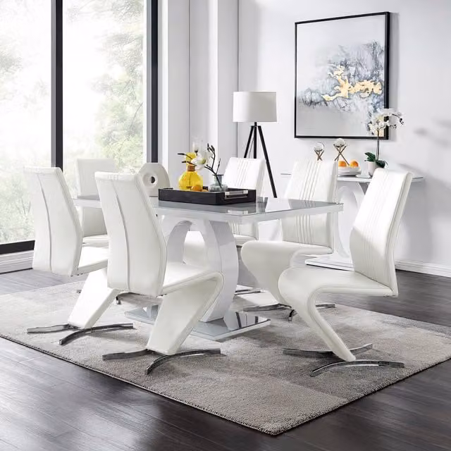FurnitureboxUK Giovani Modern Grey Glass Rectangular Dining Table and 6 White Willow Faux Leather Chairs Set – 1