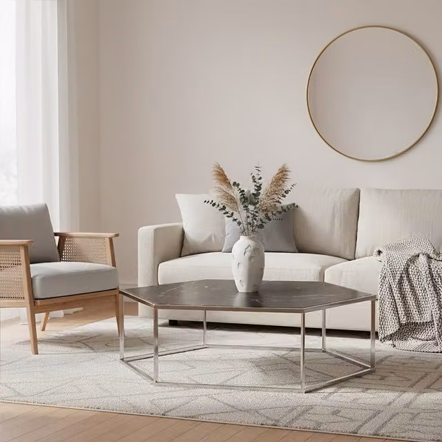 Orsina Modern Hexagon Coffee Table with Black Marble Top and Silver Frame, W/D/H: 105 x 35 x 26 cm