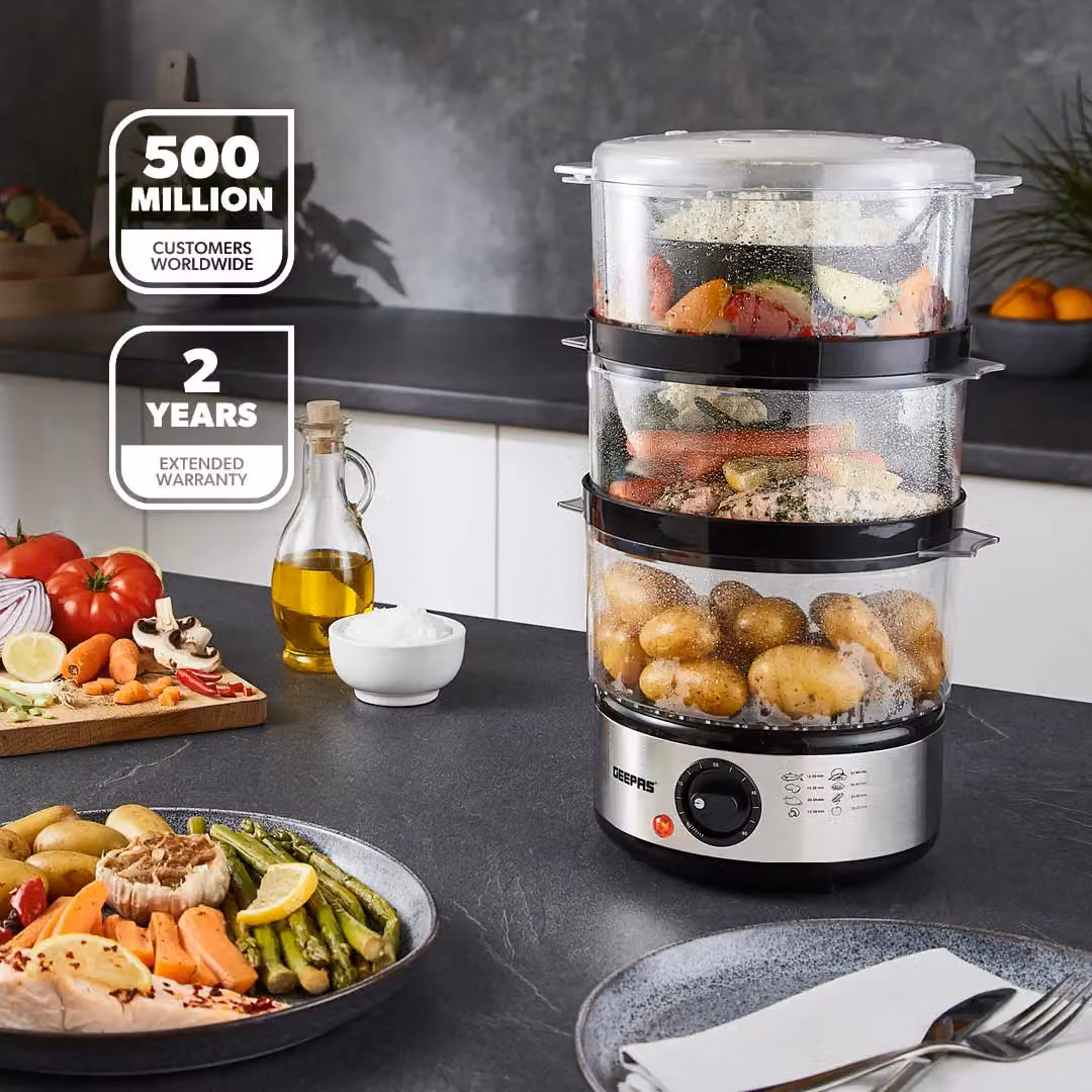 Geepas 3-Tier Electric Food Steamer and Multi-cooker, 7.2L, Silver – 2