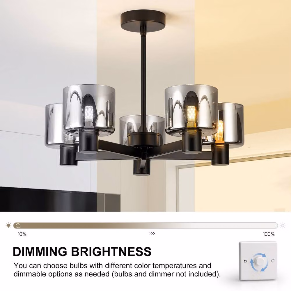 Harper Living 5 Light Semi Flush Ceiling Lamp in Matt Black with Grey Smoked Glass Shades – 4