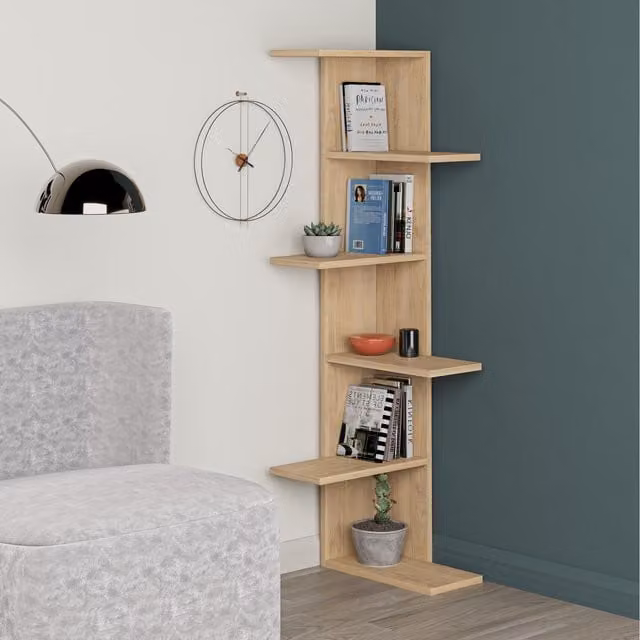 Decortie Modern Wall Mounted Corner Bookcase Display Unit in Brown Oak, W/D/H: 37 x 37 x 141 cm