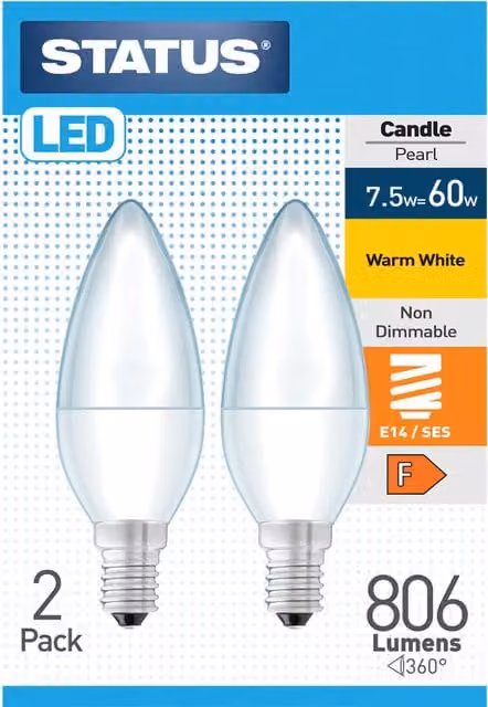 Status Pack of 2 Warm White LED Candle Pearl Filament Lightbulbs, E14 Base, 7.5W