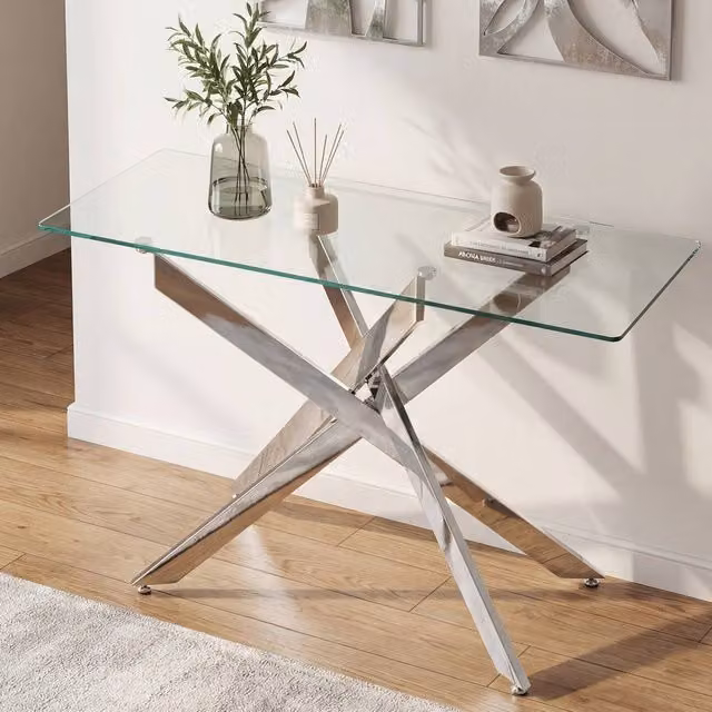 Costway Modern Glass Console Table with Silver X-Frame and Clear Tempered Glass Top, Width: 115 cm
