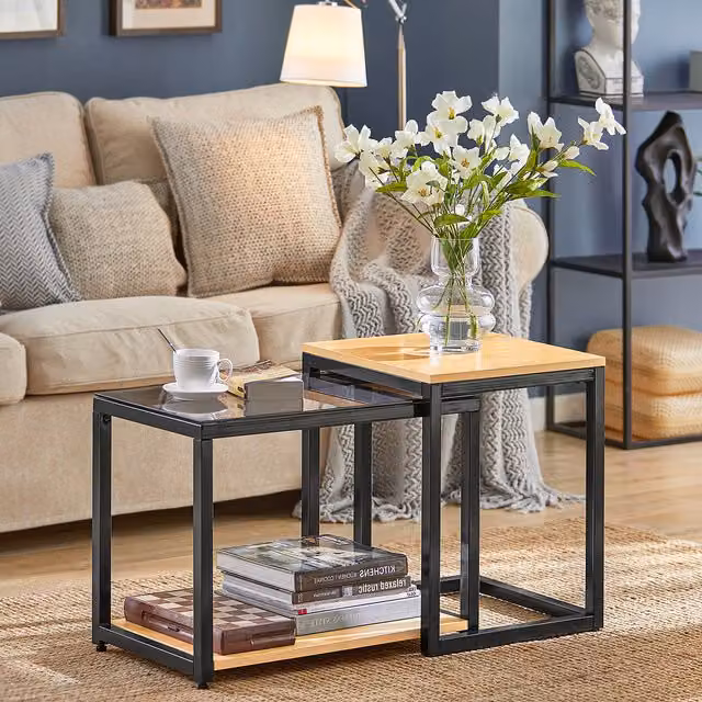 SoBuy Set of 2 Modern Black Square Nesting End Tables with Metal Legs
