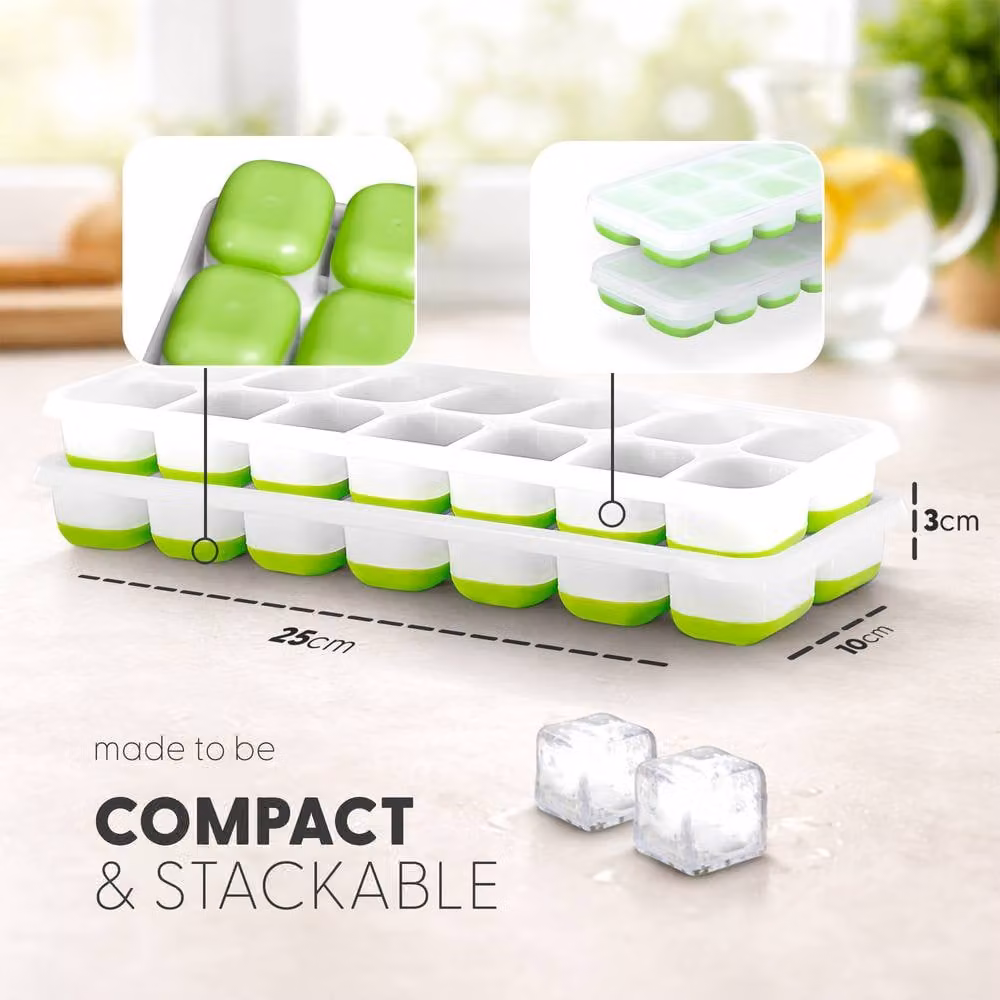 Keplin 2 Pack BPA Free Silicone Ice Cube Trays with Non-Spill Lids, Green – 1