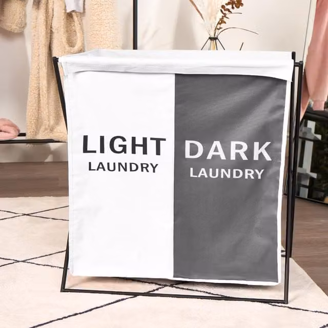 OHS Collapsible Fabric Laundry Basket with Lid in Grey and White