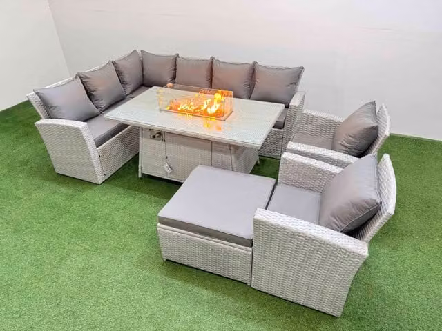 Fimous Rattan L-Shape Corner Sofa Set with Gas Fire Pit Table and Matching Ottomans in Light Grey
