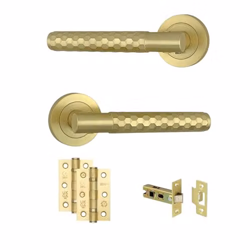 AXS Hardware Montana Internal Door Handle Pair in Satin Brass with Rose and Concealed Fix for Wooden Doors