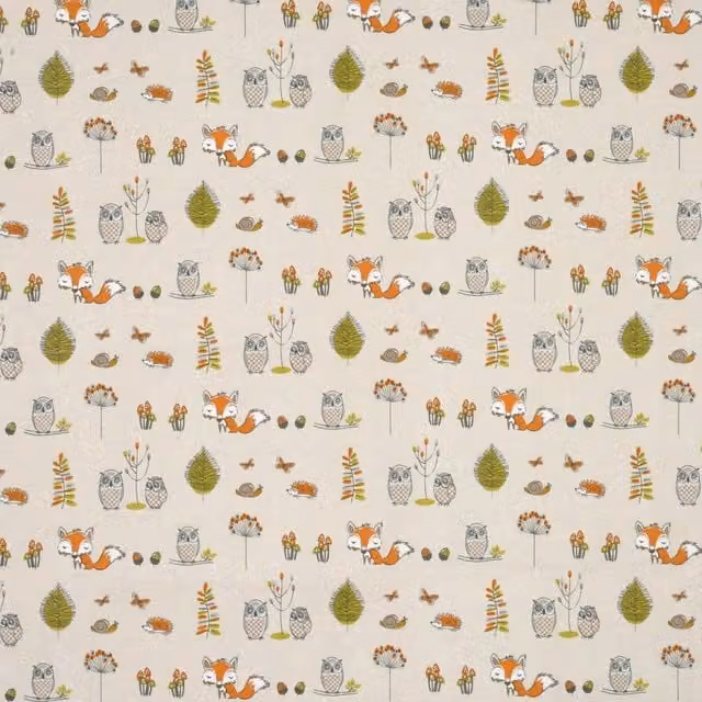 Terrys Woodland Animal and Floral Fabric in Orange, Green and Beige