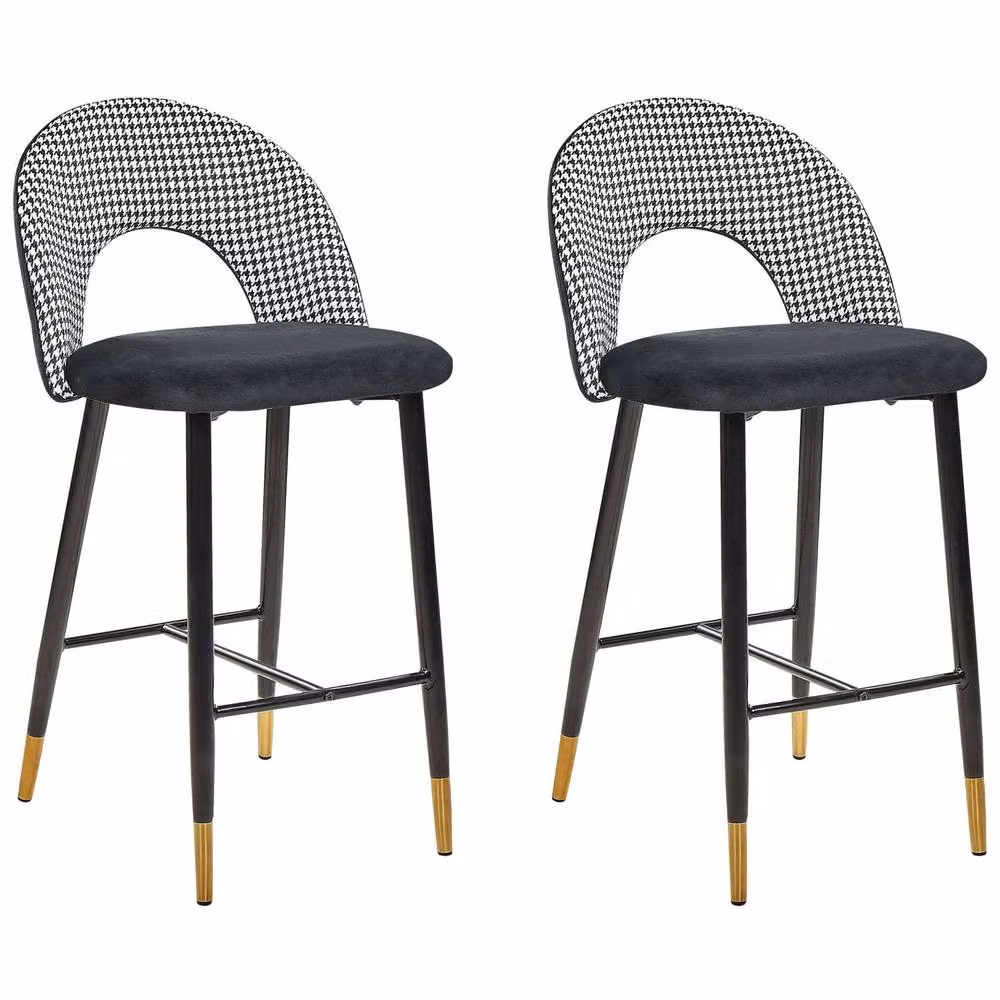Wyld and Coco Set of 2 Velvet Steel Bar Chairs in Black and White with Gold Trim – 2