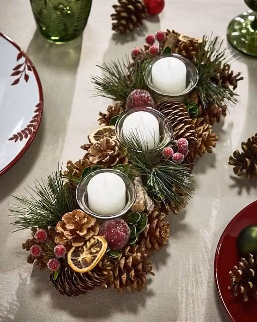 Dibor Citrus Spice Triple Table Centrepiece Christmas Decoration Candle and Tealight Holder, Brown, 39 cm