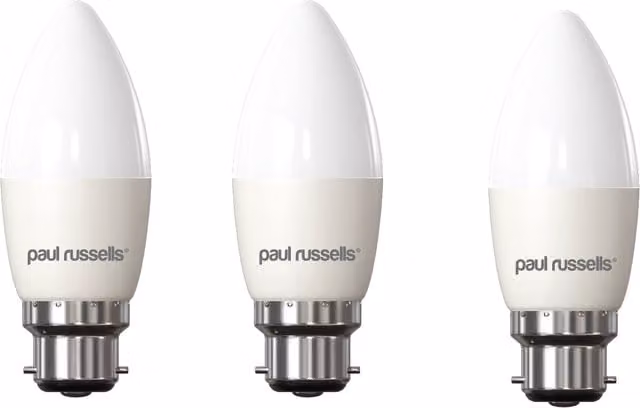 Paul Russells 6.5W LED Candle Bulb, B22, Warm White, Pack of 3