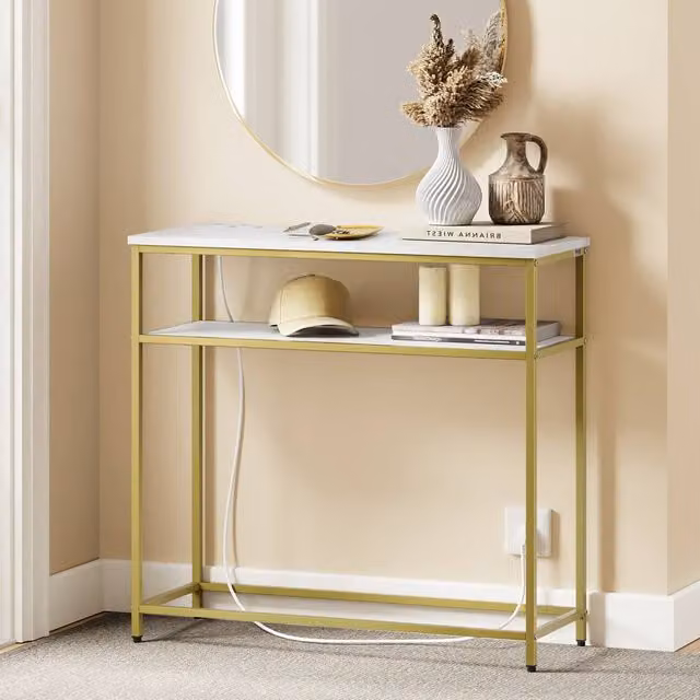 SoBuy Gold Modern Console Table with Integrated Power Socket, W/D/H: 30 x 30 x 30 cm