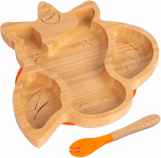 Tiny Dining Bamboo Unicorn Baby Weaning Plate and Fork Set, Orange