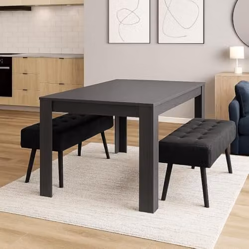 KOSY KOALA Modern Dark Grey and Black Wooden Dining Set with Velvet Chairs and 2 Benches, W/D/H: 180 x 80 x 75 cm – 1