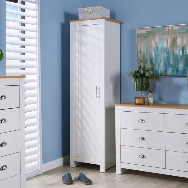 Home Source 1 Door Wardrobe with Oak Top and Internal Shelving in White