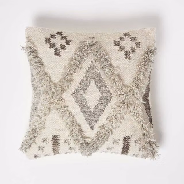 Homescapes Alta Handwoven Tufted Kilim Cushion in Beige and Yellow