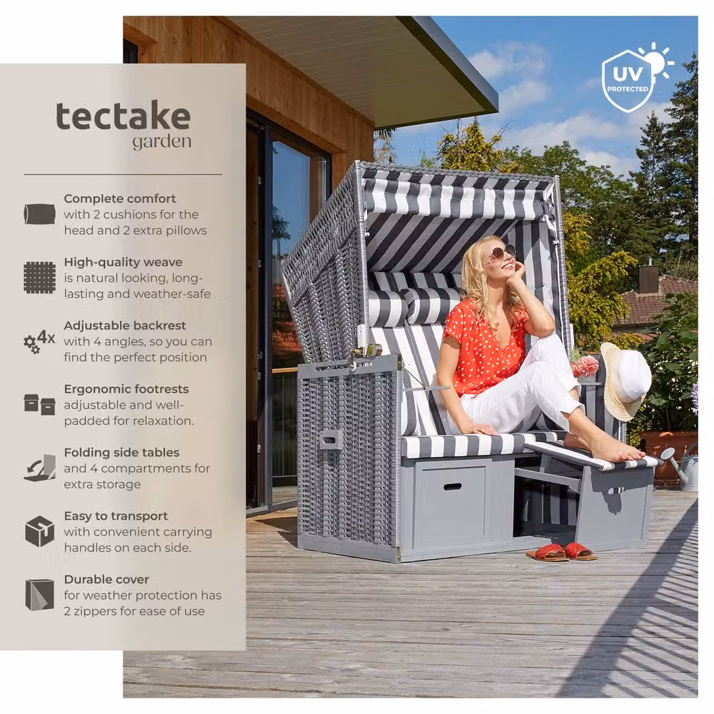 tectake Sylt 2 Seater Beach Chair in Grey Striped Rattan with Cushions, Footrest and Rain Cover – 2