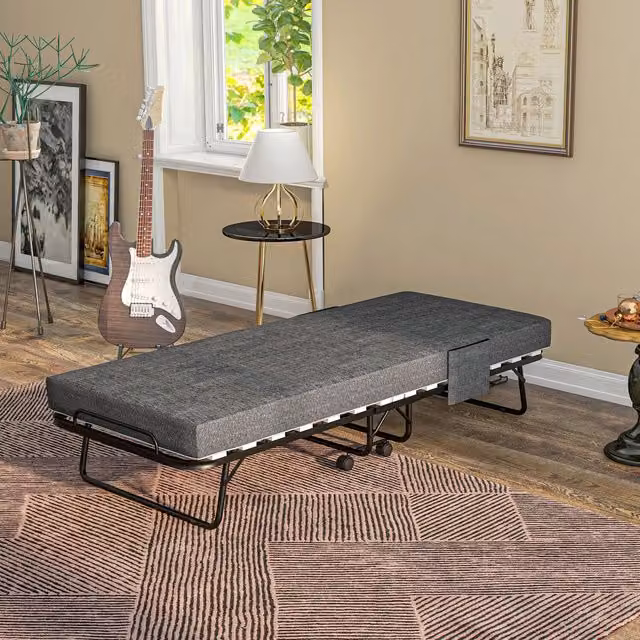 HOMCOM Folding Single Rollaway Bed with Foam Mattress and Lockable Wheels, Grey
